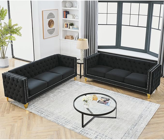 KEIKI Tufted Velvet 3+3 Seat Sofa Couch for Living Room, Buttons Tufted Square Arm Couch for Home Apartment, Black