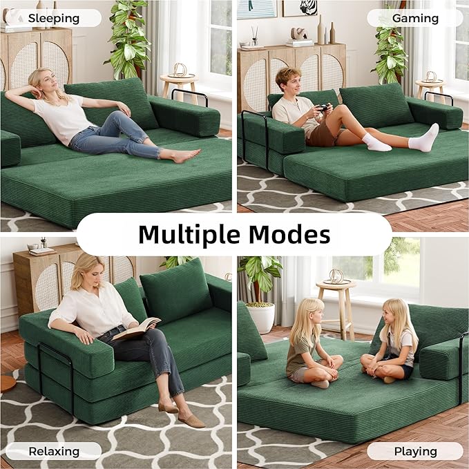 Convertible Sofa Bed, 4-in-1 DIY Combination Boneless Sleeper Sofa Bed with Pillows, Comfy Modular Couch with Fixed-Shape Frame, Corduroy Convertible Lounge Couch for Living Room, Green