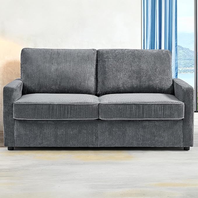 Reversible Sleeper Sofa Bed with Comfortable Memory Foam Mattress, Convertible Corduroy Full Size Pull Out Couch for Living Room, Space Saving Furniture, 70" Wide, Rectangular Arms, Grey