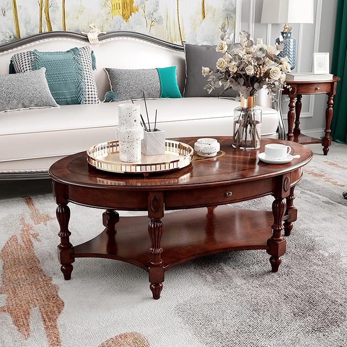 MODERION Solid Wood Coffee Table with Drawer and Storage Shelf, Traditional Living Room Cocktail Tea, Oval Center Carvings Side Vintage 46''Lx 29''Wx18.2''H Cherry Walnut KFZ1533WD-DR