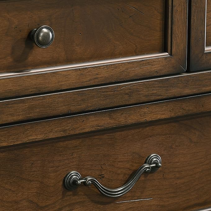 Roundhill Furniture Maderne Traditional Wood Panel Bed with Dresser, Mirror, Two Nightstands, Chest, Queen, Antique Walnut Finish