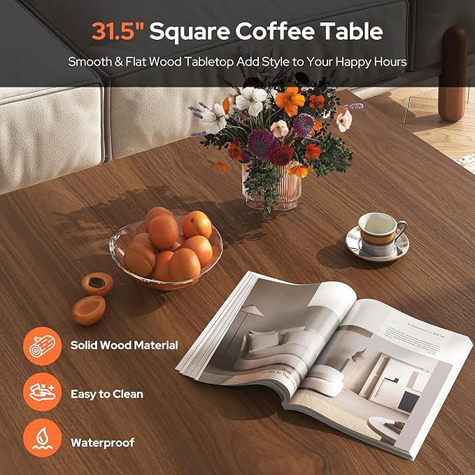 Square Coffee Table, Wood Coffee Table with Storage, Farmhouse Cat House Low Center Tables Cocktail Table for Living Room, Rustic Brown