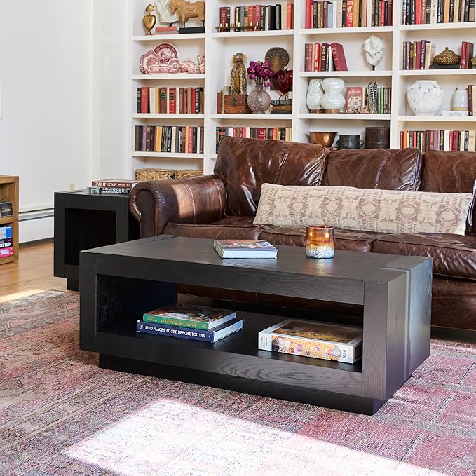 Maven Lane Artemis Coffee Table – 18 Inch Rectangle Table with Storage – Black Solid Wood – Ideal for Living Room and Lounge