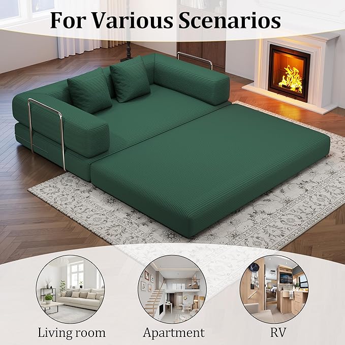 4-in-1 Foldable Sofa Bed Teddy Fabric Foam-Filled Compressed Couch, Convertible Loveseat Sofa, Boneless FoldingSleeper for Living Room, Guest Bed, Playroom (Green, 59” 2 Seat)