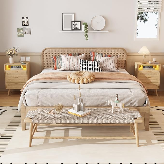 Halitaa Rattan Nightstands Set of 2 with Charging Station and Led Lights and 3 Drawers, Boho Night Stand Set 2 with Open Storage, Rattan Bedside Table Side Table, End Tables for Bedroom, Light Wood - Image 7