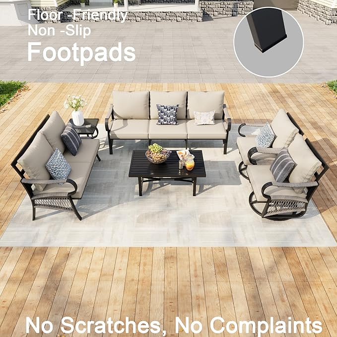 6 Pieces Outdoor Patio Conversation Sets, Outdoor Furniture Set Metal Swivel Rocking Chairs with Side Table, Loveseat Sofa with Coffee Table, 3-Seater Couch for Backyard Deck Porch Poolside, Beige