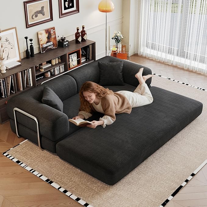 JINGLING 79" Queen Sleeper Sofa Bed with Memory Foam, Compressed Couch in a Box, Foldable Convertible Small Couches for Small Spaces Bedroom Game Room, Corduroy Fabric, Black