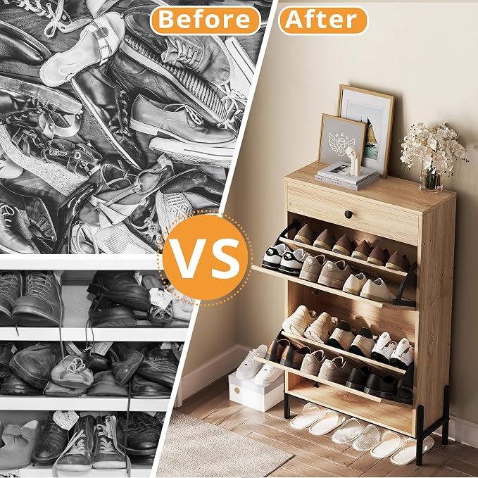 IRONCK Shoe Cabinet with 2 Flip Drawers, Shoe Storage Cabinet for Entryway, Free Standing Shoe Storage Organizer with Rattan Doors Slim Narrow Shoe Rack Cabinet, Oak - Image 6