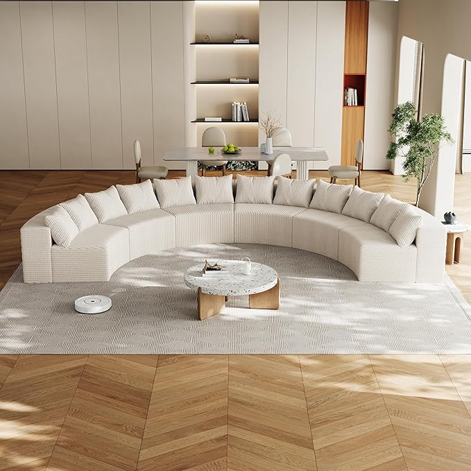 KEIKI 6 Seat Corduroy Curved Sectional Sofa, Symmetrical Modular Semi Circular Couch, Deep Seat Tufted Corner Sofa for Living Room, Lobby, Beige