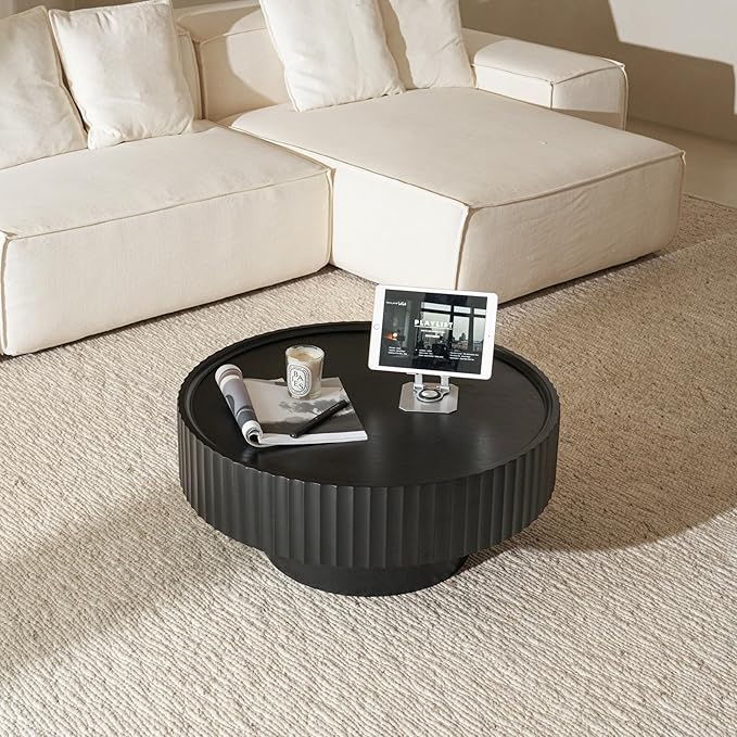 Round Coffee Table, 30.3in Modern Living Room Table, Fluted Drum Circle Tea Table with Storage, Accent Center Tables for Living Room, Apartment, Small Space(30.3''L×13.7''H) (Black)