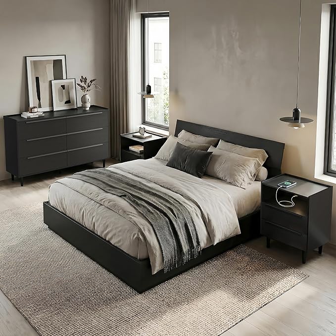 3PC Bedroom Furniture Set, Black Wood Grain 6-Drawer Dresser & 2 Charging Nightstands with Metal Handles, USB & Type-C Ports, AC Outlets, Open Shelf, Raised Edge Top, for Bedroom Apartment