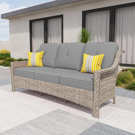 HOOOWOOO Patio Couch,Outdoor Wicker 3 Seater Sofa,All Weather Resistant High Back Rattan Deck Matching Furniture(Dark Grey Gray)