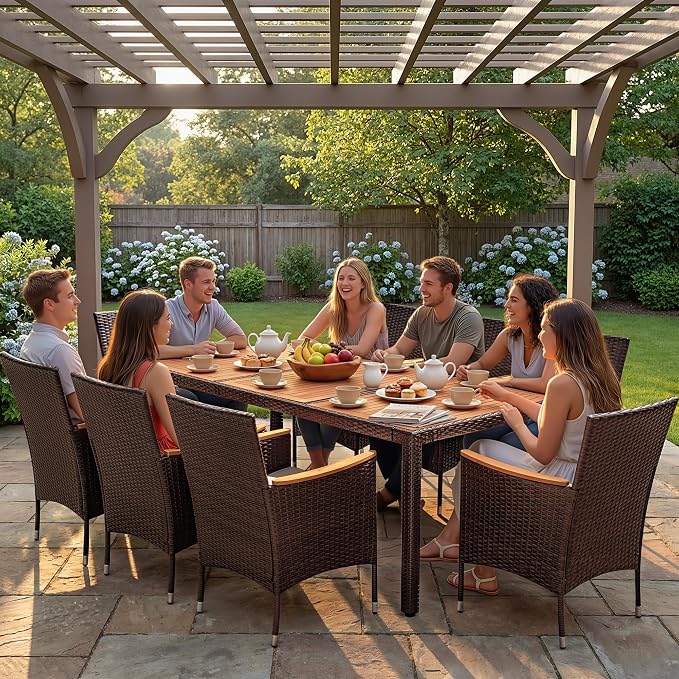 Devoko Outdoor Patio Dining Sets 9 Pieces Wicker Outdoor Dining Table and Chairs Set with Acacia Wood Table Top and Widened Armrests for Backyard, Garden, Deck (Brown) - Image 2