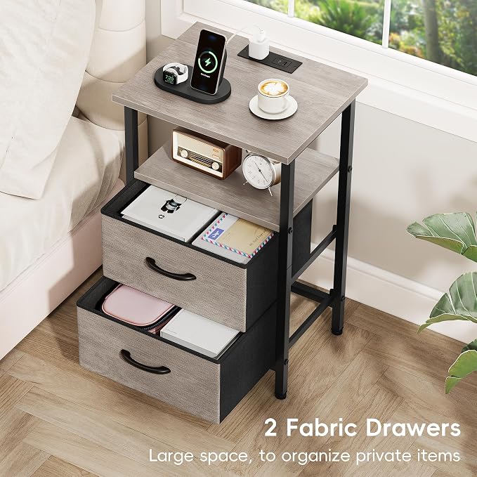 Vagusicc Night Stand Set 2, Nightstand with Charging Station, Bedside Tables with USB Ports and Outlets, 24.2" Tall End Table with Open Shelf, Bed Side Tables with 2 Fabric Drawers for Bedroom, Greige - Image 4