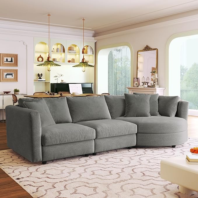 ERYE L-Shaped Right Facing Sectional Sofa Oversized Chenille Upholstered Corner Couch W/Curved Chaise Seat and 3 Toss Pillows, Modern L-Shaped Sofa Couches for Living Room