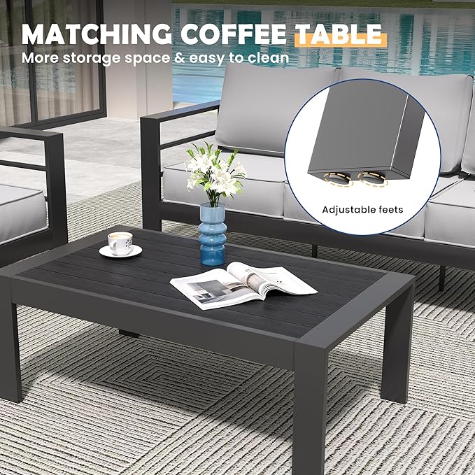 Amopatio Aluminum Patio Furniture Set, 6 Pieces Modern Patio Conversation Sets, Outdoor Sectional Metal Sofa with Coffee Table for Balcony, Garden (Included Waterproof Covers)