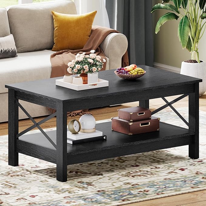 DWVO Black Coffee Tables for Living Room Storage Coffee Table Wood Coffee Table with Thicker Legs 2 Tier Modern Coffee Tables Center Table for Living Room, Black