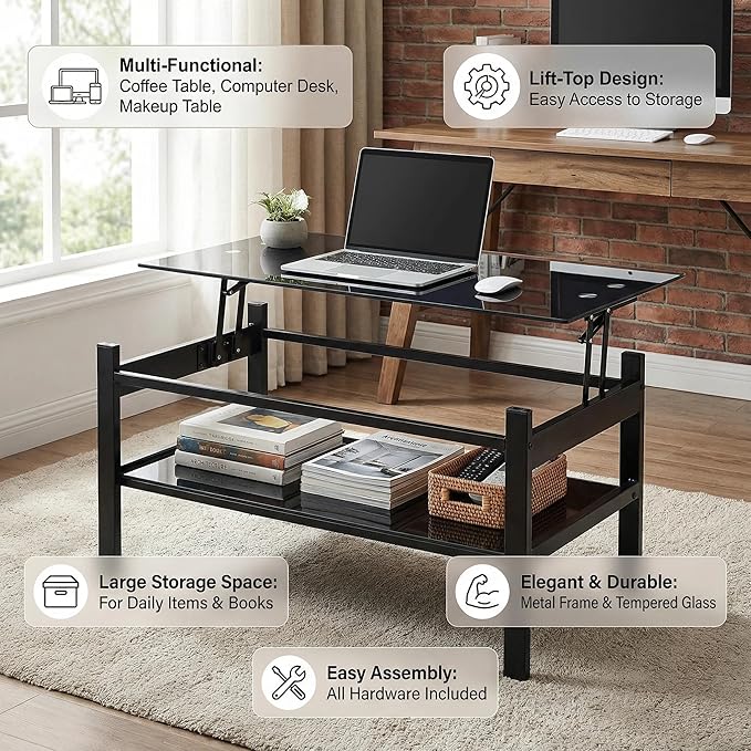 IANIYA Lift Top Coffee Table, Black Tempered Glass Coffee Tables with Storage Space and Open Shelves, Small Rectangle Lift Tabletop Living Room Center Table for Home Office