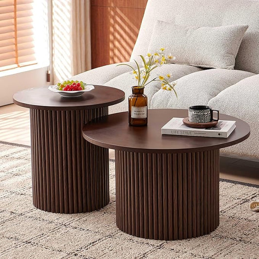 NORDICANA Nesting Round Coffee Table Set of 2, Boho 2 Piece Side Table End Table Set for Living Room Bedroom, Manufactured Wood Top with Walnut Veneer