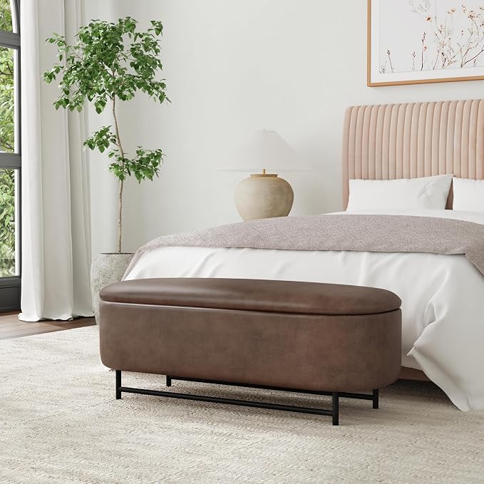 HomePop Ellipse Modern Storage Bench with Metal Legs |Homepop Home Décor|Bench with Storage for Living Room & Bedroom - Brown Faux Leather - Image 4