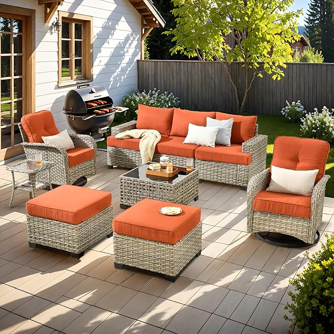 ovios 9 Piece Patio Sectional Furniture with Swivel Rocking Chairs, Rattan Wicker Coversation Set with Glowing Coffee Table, Outdoor Sofa Set for Outside Porch Balcony Backyard Pool, Orange