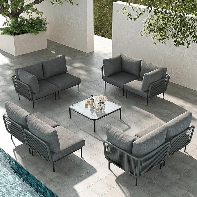 LayinSun 9 Pieces Aluminum Patio Furniture Set, Modern Modular Sectional Sofa with Coffee Table and Upgrade Thickness Cushion