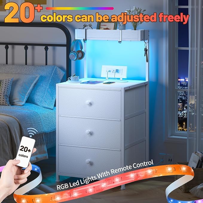 EnHomee Nightstand with Charging Station & Led, Nightstand with 3 Fabric Drawers, Bedside Table for Bedroom,Entryway, Hallway, Closet, 4 Hooks, 1 top Shelf, White - Image 4