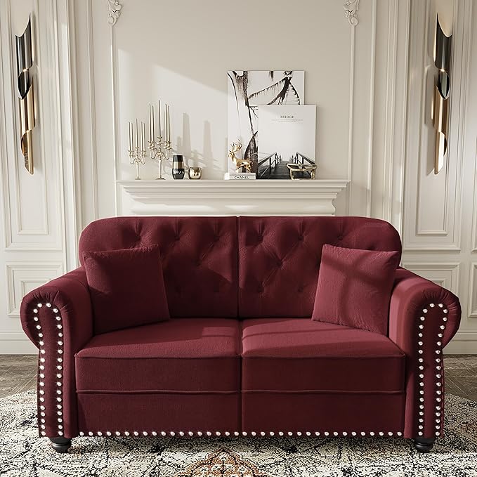 KEIKI 63" Velvet Chesterfield Sofa with Rolled Arms & Nailhead Trim & 2 Ottoman, Modern 2-Seater Button Tufted Couch with High Resilience Cushion & 2 Pillow, Easy Assembly, for Living Room, Burgundy