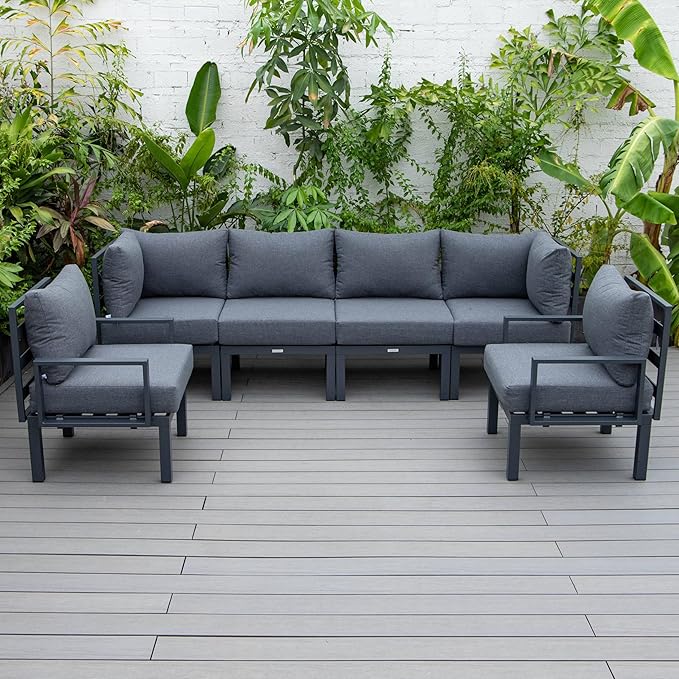 LeisureMod Outdoor Patio 7-Piece Conversation Set, Aluminum Sectional & Black Cushions with Coffee Table