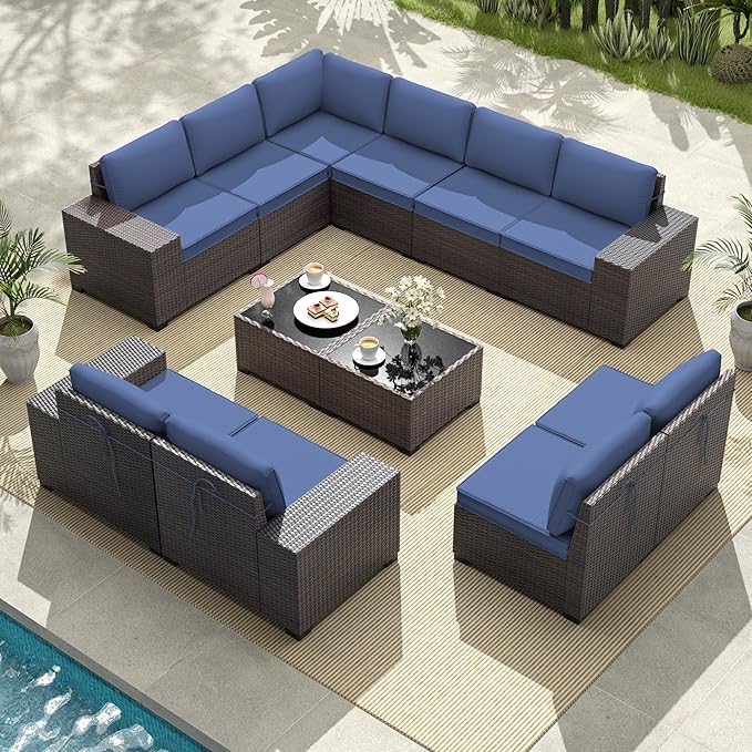 Gotland 12 Pieces Patio Furniture Set, Wicker Outdoor Sectional with Wide Armrests 29.5'' High Backrest 4'' Thick Waterproof Cushions, Oversized Patio Furniture for Deck Garden Navy