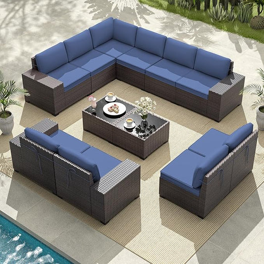 Gotland 12 Pieces Patio Furniture Set, Wicker Outdoor Sectional with Wide Armrests 29.5'' High Backrest 4'' Thick Waterproof Cushions, Oversized Patio Furniture for Deck Garden Navy