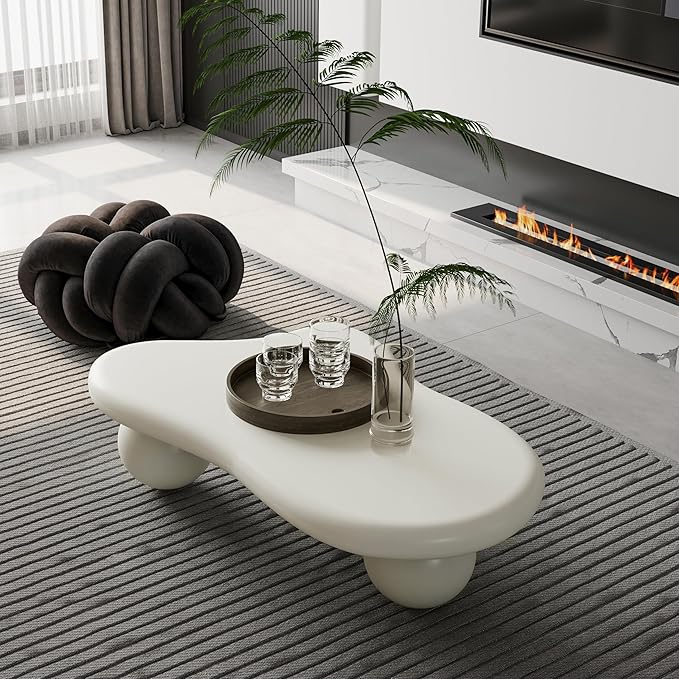 47" Cream White Coffee Table Modern Cloud Shape Low Center Table Cute Irregular Indoor Tea Table with 3 Ball Legs for Living Room Small Space Apartment