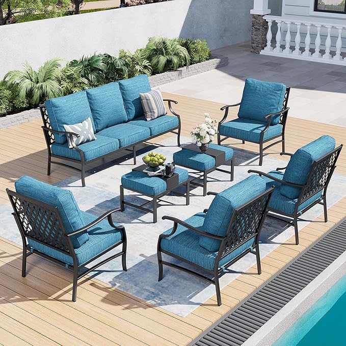 7 Piece Metal Outdoor Patio Furniture Set, Patio Conversation Sets 3-seater Sofa, 4 Fixed Chair, 2 Ottomans with 5.75" Thick Cushion, Black All-weather Frame Backyard Furniture, Blue-2
