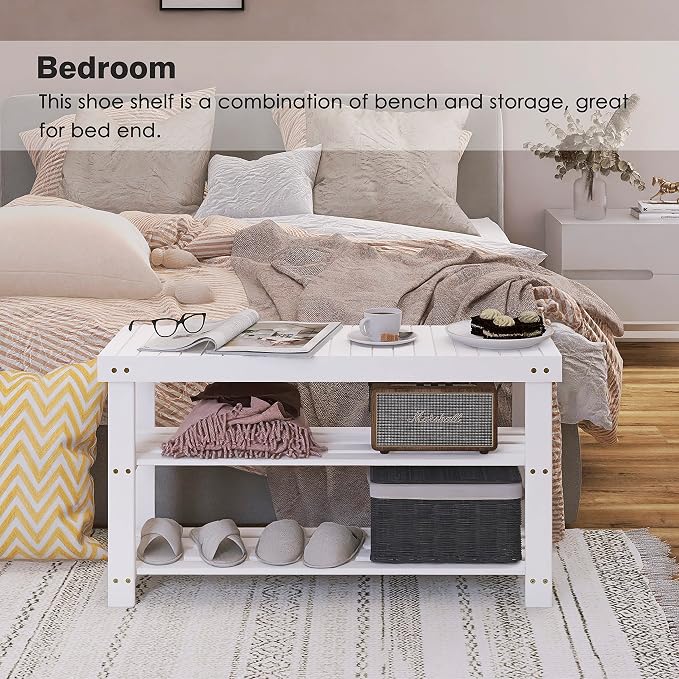 SMIBUY Bamboo Shoe Rack Bench, 3-Tier Shoe Organizer Storage Shelf for Entryway Hallway Bathroom Living Room (White) - Image 6