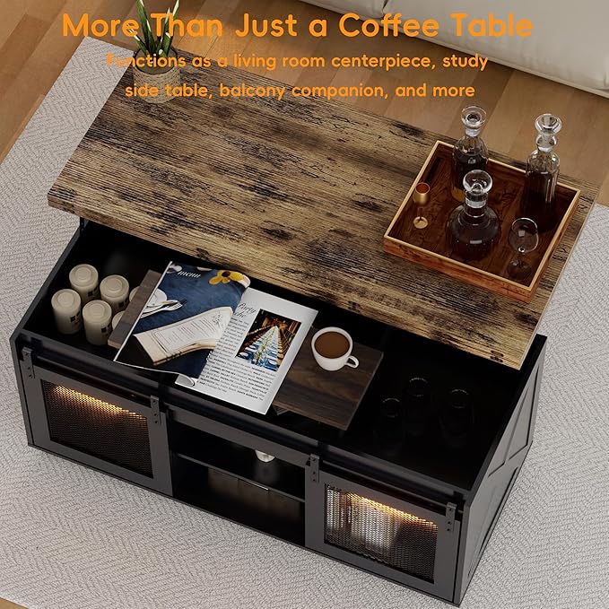 Upgraded Coffee Table with Lifting Top And Sliding Doors, Thick Panels, Industrial Metal Mesh Sides, Dual LED Accent Lights, Large Storage Center farmhouse square Table for Living Room, Chestnut Black