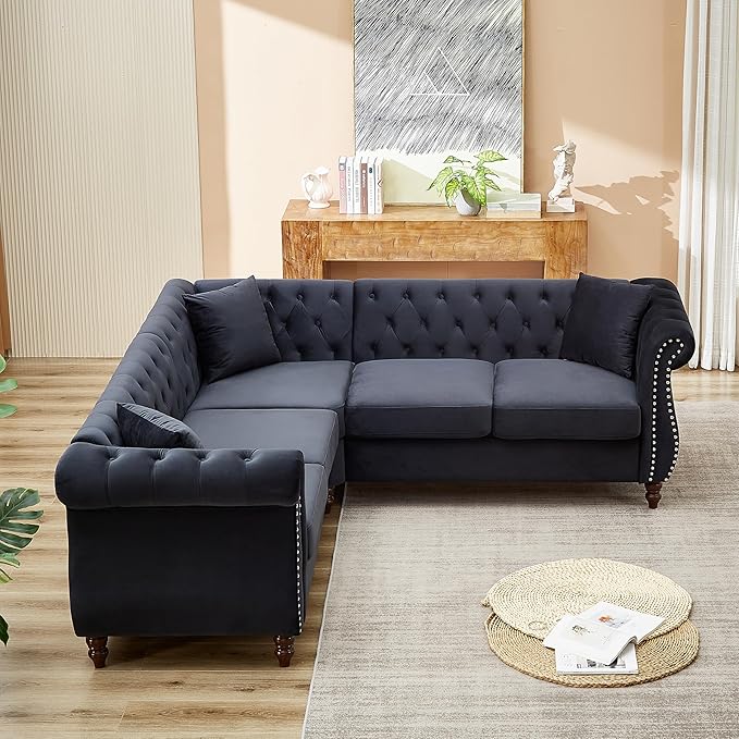 KEIKI 83.5" Chesterfield Corner Sofa, Upholstered L-Shaped Velvet Couch with Rolled Arm, 5 Seater Corner Sofas for Living Room Bedroom Office Apartment, Black