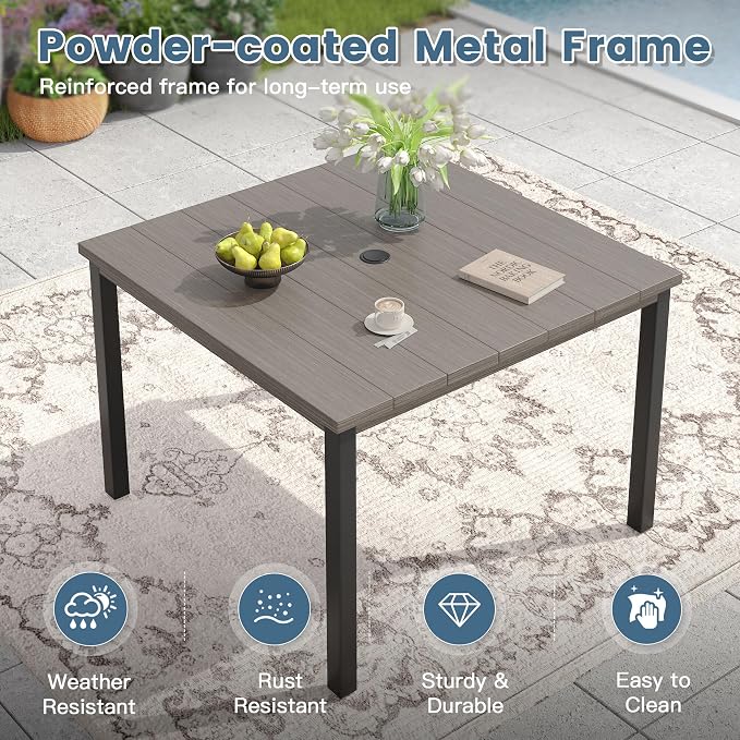 DIFY 5 Pieces Outdoor Patio Dining Set for 4, 40.2" Grey Wood-Like Square Metal Dining Table and 4 Sandshell Stackable Textilene Patio Chairs, Outdoor Table and Chairs for Backyard Garden Poolside - Image 4