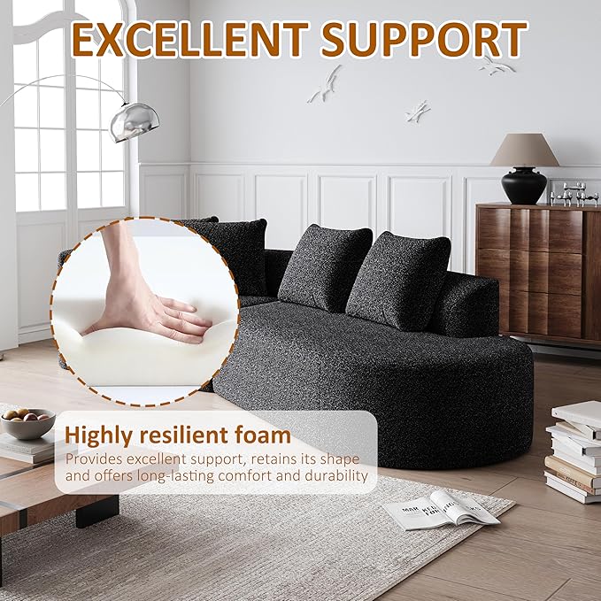 112" Modern Cloud Sectional Sofa, Chenille 4-Seater Curved Couch with 4 Pillows, Extra Deep & Wide Seat, No-Assembly Compressed Upholstered Living Room Sofa for Bedroom,Apartment,Black Left