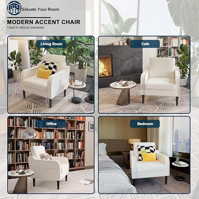Ribilake Cream Accent Chair - Upholstered Armchair with Side Pockets, Comfy Living Room Arm Chair, Reading Accent Chairs for Bedroom, Living Room, Apartment, Office