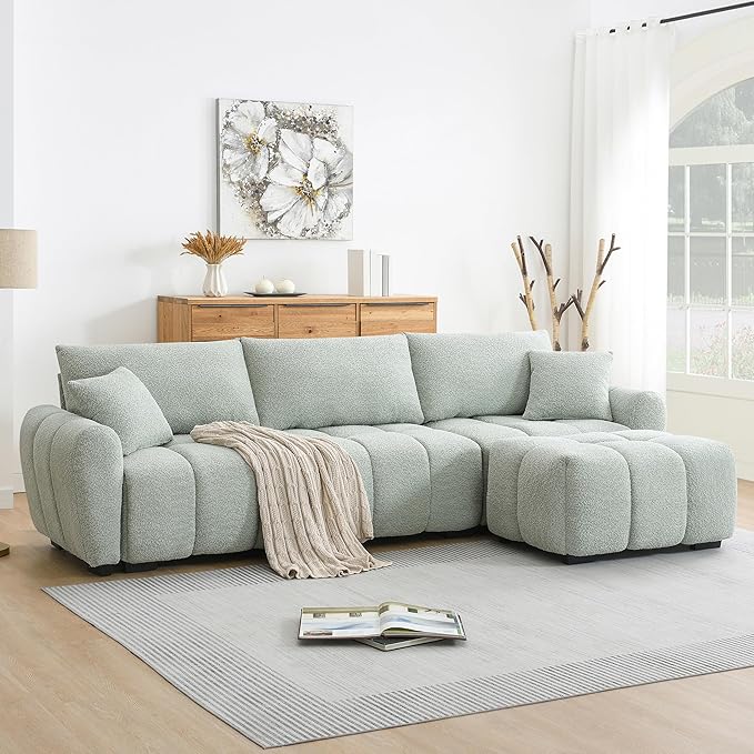 ERYE 110" L-Shaped Sectional Sofa 4 Seat Tufted Sofa Couches with Ottoman, Oversized Tufted Boucle Upholstered Corner Sectional Couch for Living Room Home Apartment