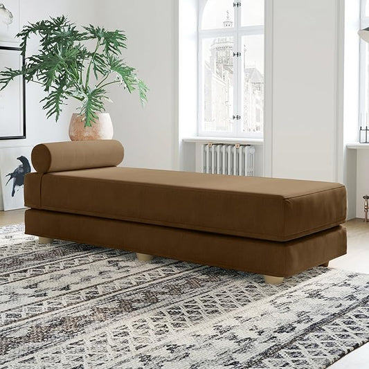 Jaxx Alon Daybed - Fold-Out Sleeper Chaise with Premium Memory Foam Queen-Size Mattress - Made in The USA - Toffee