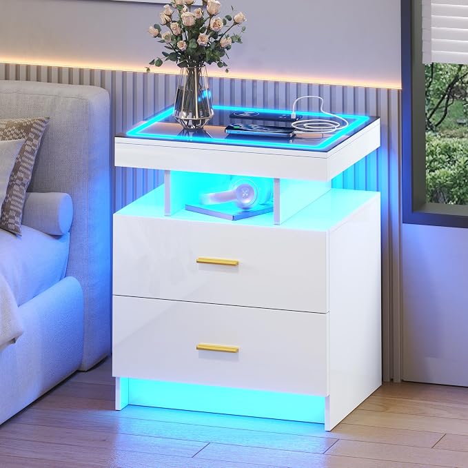 LED Nightstand with Wireless Charging Station,White Night Stand with 2 Drawers,Glass Top Smart Bedside Table,Modern End Table Side for Bedroom,Living Room,Office - Image 8