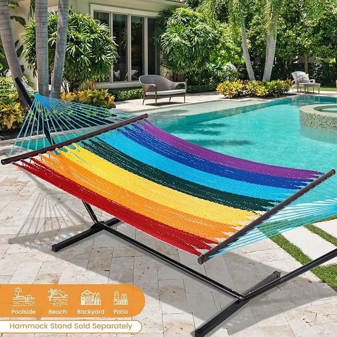 Lazy Daze Hammocks 10.5 FT Double 2 Person Caribbean Rope Hammock, Hand Woven Polyester Hammock with Spreader Bars, for Outside Outdoor Backyard Patio Poolside, 450 LBS Capacity, Rainbow - Image 2