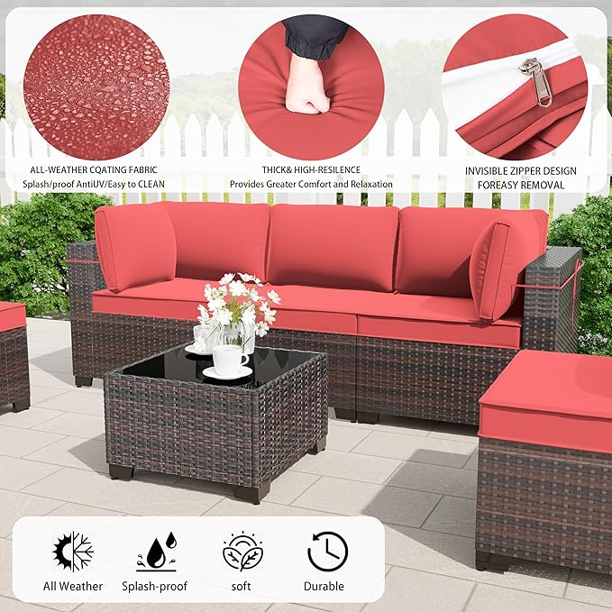 8 Pieces Outdoor Patio Furniture Set,Outdoor Sectional Furniture with 43" 55000 BTU Gas Propane Fire Pit Table,All Weather PE Rattan Wicker Patio Conversation Set,Red