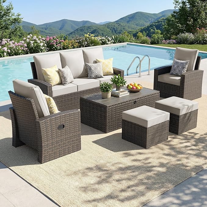 Outdoor Patio Furniture Set, 6 Piece Outdoor Wicker Rattan Sectional Sofa Conversation Sets with Adjustable Recliner Chairs, and Storage Coffee Table for Garden Porch Deck,White