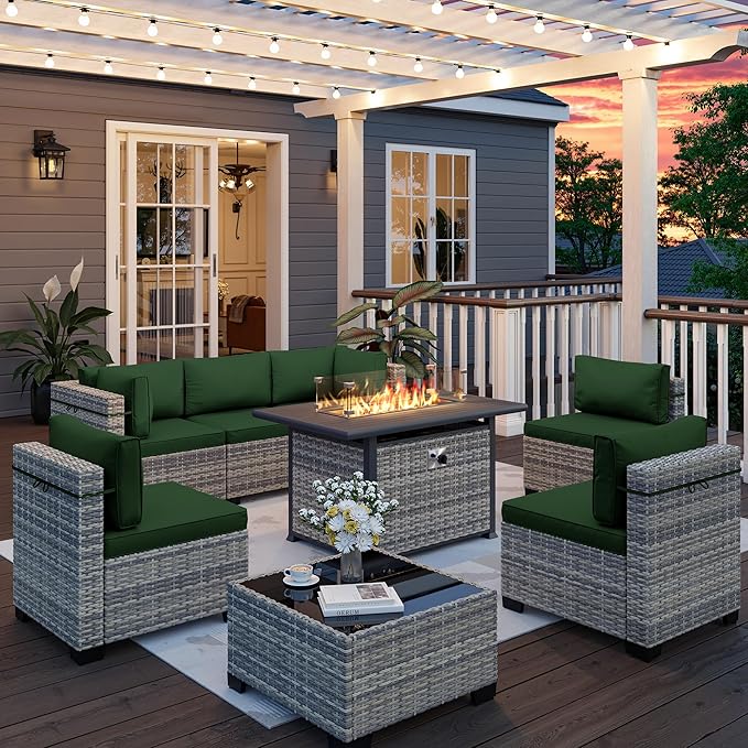 8-Piece Outdoor Patio Furniture Set with 55,000 BTU Fire Pit Table, PE Wicker Rattan Sectional Sofa Conversation Set - All-Weather Garden, Backyard Furniture, Green