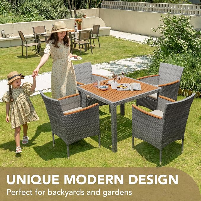 Devoko 5 PCS Furniture, Patio Conversation Set with Acacia Wood Top, Rattan Outdoor Dining Table and Chairs for Backyard, Garden, Deck, Grey - Image 3