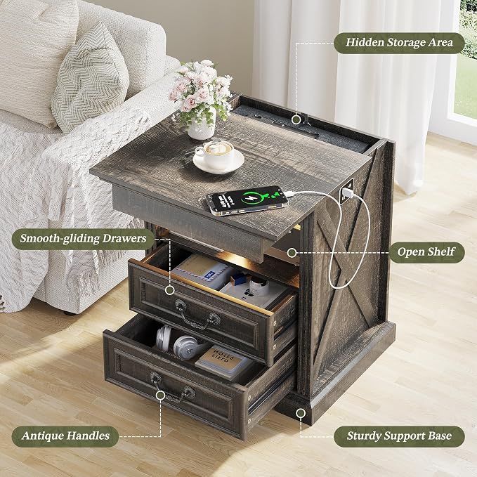 Dystler Night Stand with Gun Drawer, Bedside Table with LED Light & Human Sensor, Nightstand Gun Safe with 2 Drawers for Bedroom, Farmhouse End Table with Charger Station, Rustic Brown - Image 7