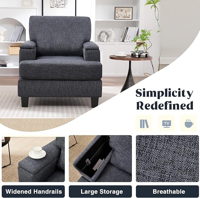 Accent Chair for Living Room, Modern Upholstered Reading Chairs with Armrest Storage, Comfy Large Armchair, Fabric Single Sofa Chair for Bedroom (Dark Grey)