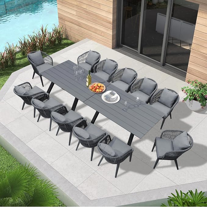 PURPLE LEAF 14 Pieces Patio Dining Set Wicker Outdoor Furniture Rectangular Table and Chairs Set for Garden Deck Aluminum Frame Backyard Kitchen Set, Cushions and Pillows Included Grey by PURPLELEAF